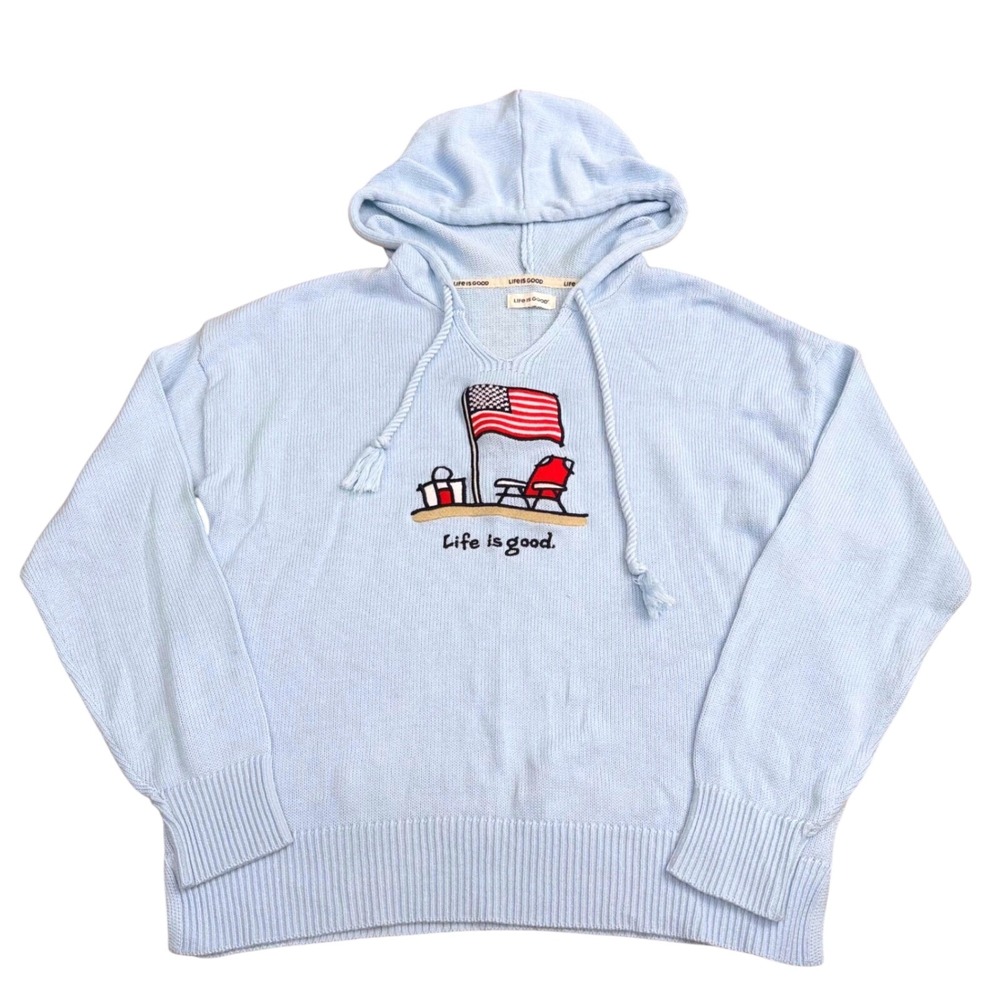 Life is Good Blue Beach Flag Knit Hoodie Sweater Womens See Measurements